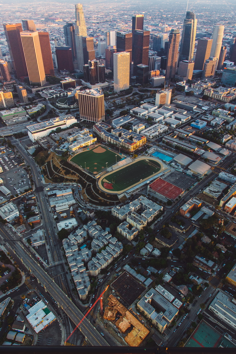 city, financial district, ballpark, modern, skyline, helicopter shot, helicopter ride, baseball, skyscraper, aerial, building exterior, photo, los angele