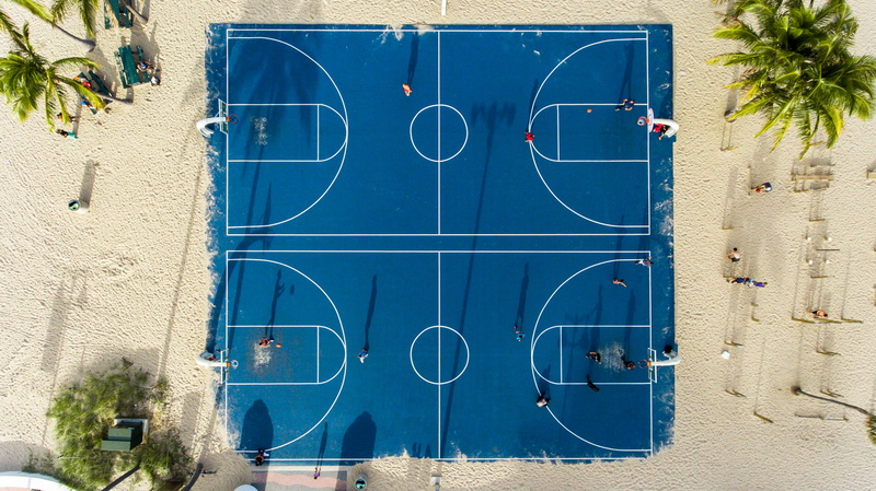 day, ocean, tree, building, building exterior, players, view, communication, drone view, photography, play, turquoise colored, plant, sand, coconut, basketball