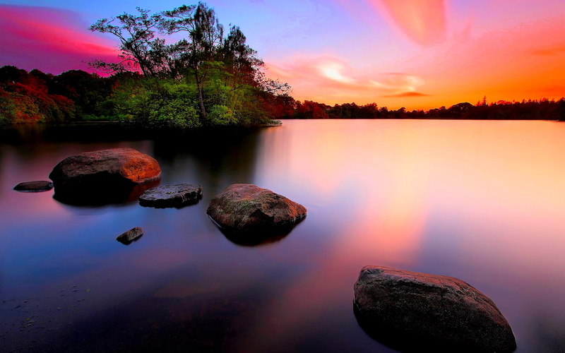 landscape, nature, 1080P, sunset, rocks, stones, water, clouds