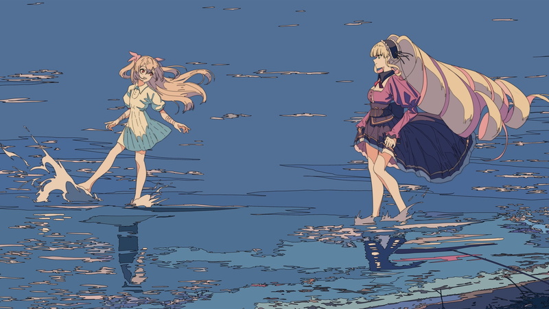 young women, representation, anime, art and craft, blond hair, digital composite, water, manga, blue, nature, blonde, beach, minimalism, 1080P, full length