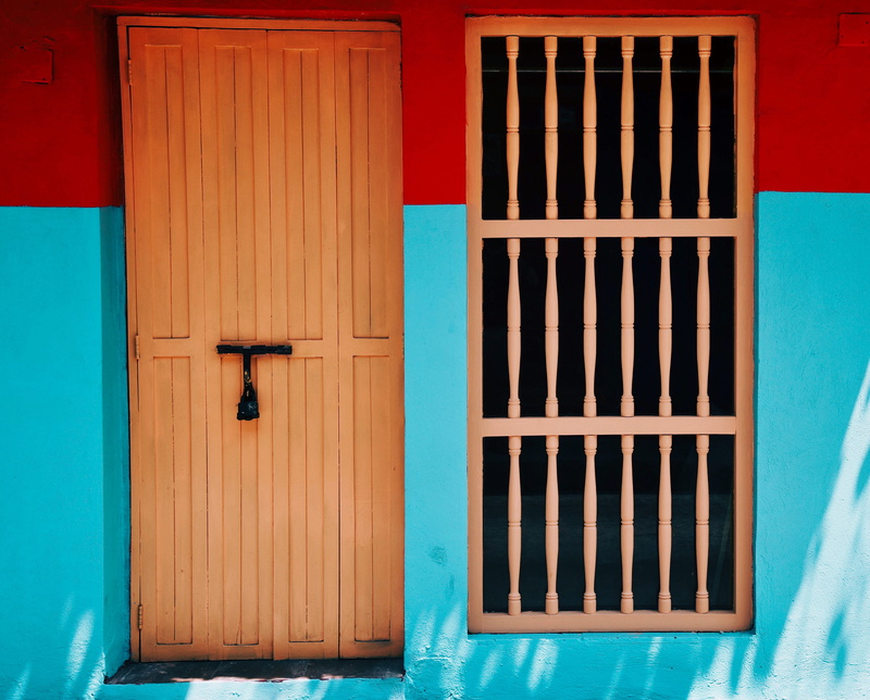 architecture, building exterior, orange, beach life, decor, window, outdoors, security, day, painting, window shade, lock, safety, wall, built structure