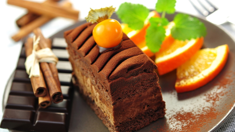 Food, Cake, Slice, Chocolate, 4K, Orange, Dessert
