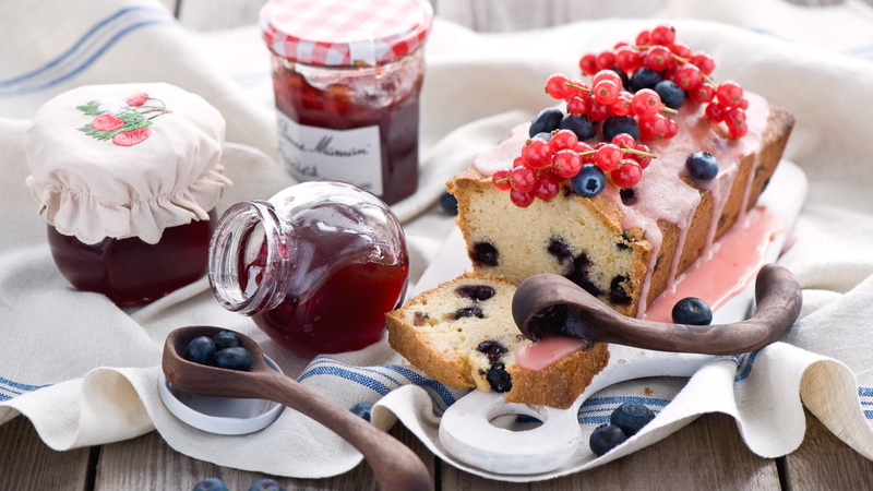 healthy eating, household equipment, spoon, meal, fruit, berry fruit, eating utensil, freshness, ready-to-eat, bread, blueberries, jelly, 1080P, indoors