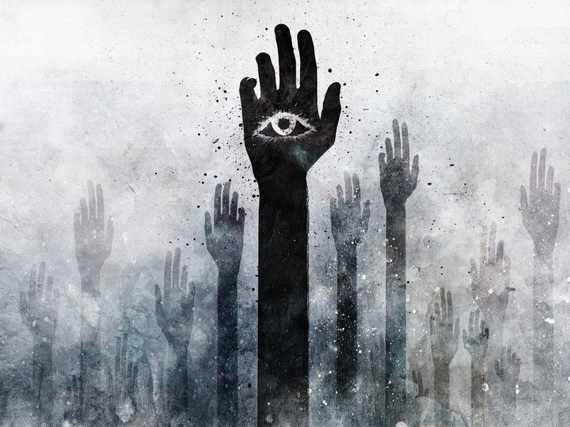 monochrome, hands, artwork, eyes, Alex Cherry, 1080P, Hamsa