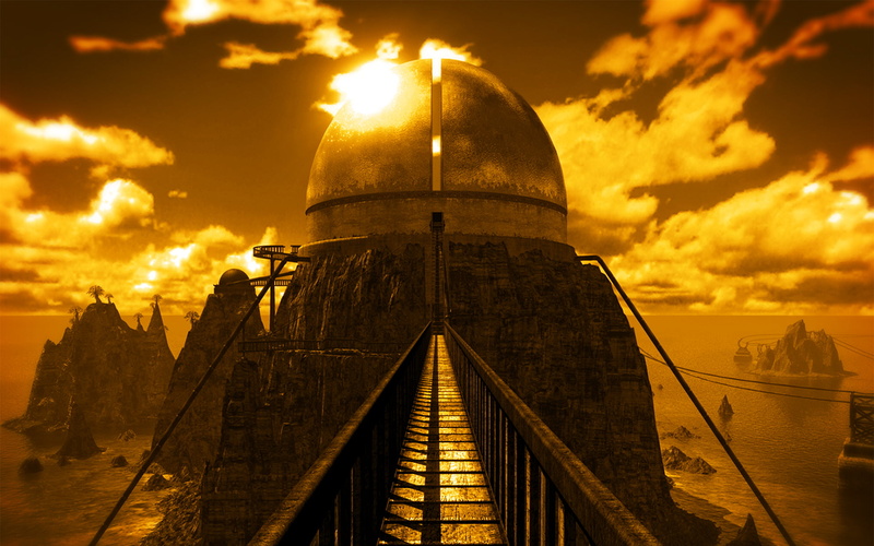 sun, travel destinations, religion, sunlight, sunset, nature, connection, belief, direction, sky, cloud - sky, Myst: Riven, building, island, 1080P, Myst