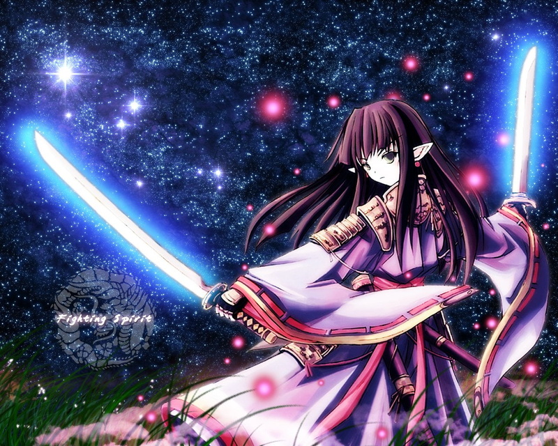 sky, Fighting Spirit, Sword, character, Purple, standing, illuminated, 720P, Anime, one person, full length, Space, clothing, star - space, nature, leisure activity