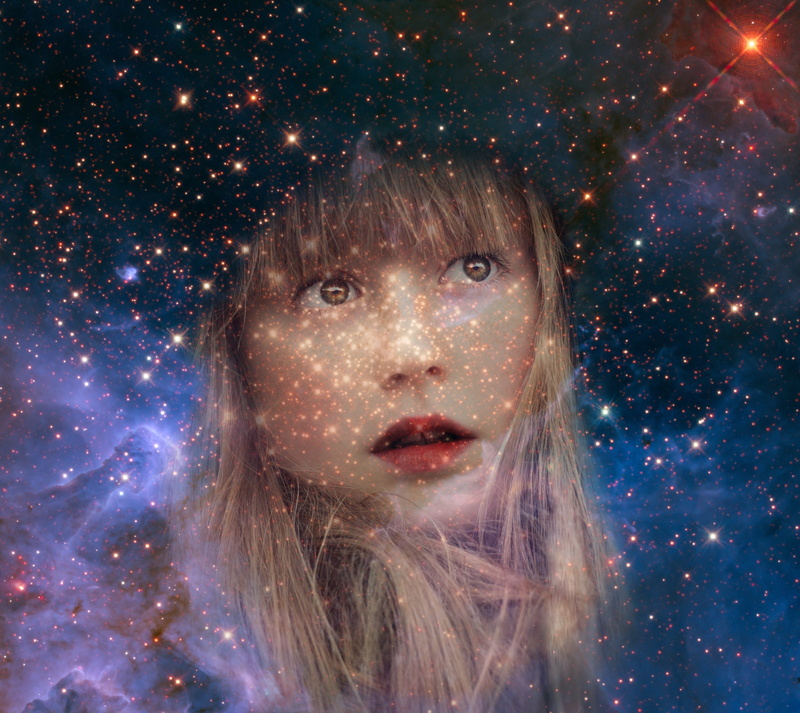 eyes, blond, beautiful woman, young, fairytale, spiral galaxy, 2K, front view, romantic, headshot, celestial body, young adult, astronomy, s, divinity