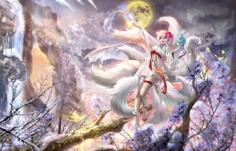 springtime, beauty in nature, fox, nature, day, outdoors, multi colored, blossom, plant, freshness, digital composite, nine tails, no people, moon, park - man made space
