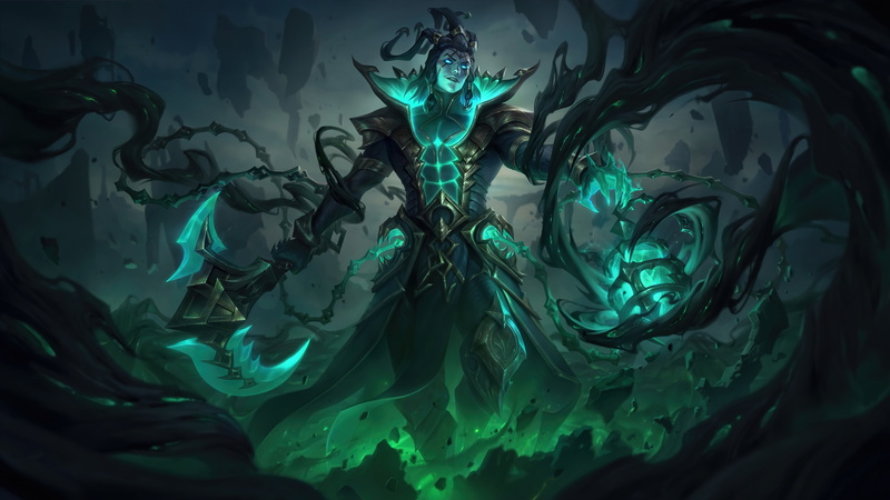 League of Legends (Evelynn), sup, Ruined, Thresh, 4K, Support (League Of Legends), 8K, Thresh (League Of Legends), digital art, Riot Games, shadow