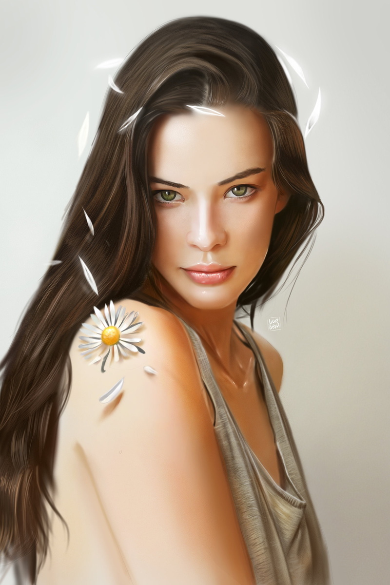 flowers, tank top, artwork, Chamomile, digital art, 1080P, Yaşar  Vurdem, portrait display, women, Maya Neubert, simple background, face, bare shoulders