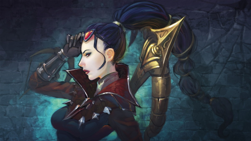 fantasy girl, lipstick, women, crossbow, blue background, video games, arm braces, red eyes, 1080P, eyeshadow, Vayne (League of Legends), League of Legends
