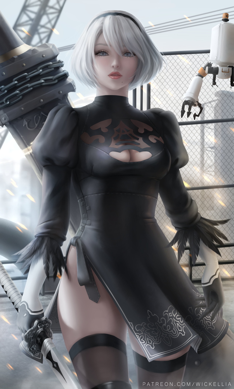 Wickellia, portrait display, 4K, white hair, fan art, weapon, black dress, vertical, gloves, 2B (Nier: Automata), drawing, headband, Nier: Automata, looking at viewer