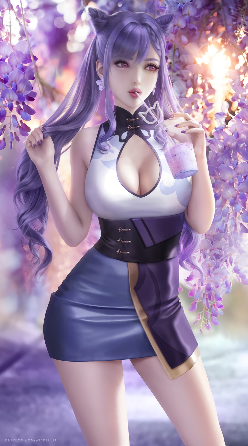 video games, video game art, fan art, video game girls, fantasy girl, purple hair, drawing, Genshin Impact (Keqing), digital art, anime, 5K, Genshin Impact