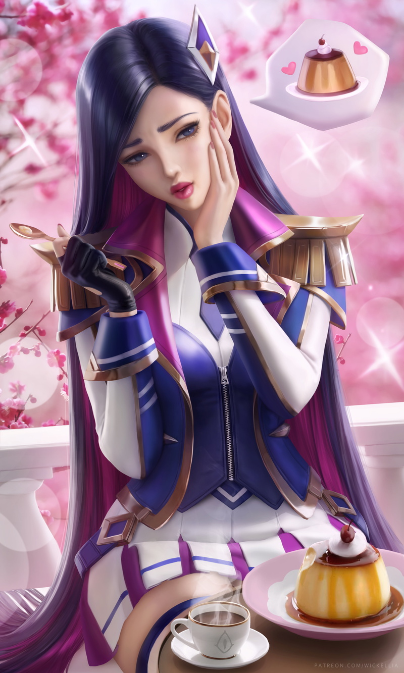 artwork, League of Legends, coffee cup, sparkles, Wickellia, 5K, parted lips, vertical, digital art, uniform, portrait display, video game characters