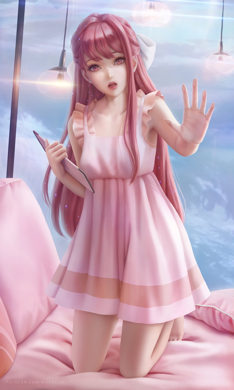vertical, pink dress, bangs, digital art, kneeling, Shelter (anime), pink hair, dress, anime, Wickellia, barefoot, crying, drawing, anime girls, illustration