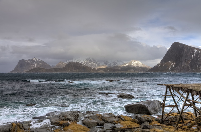 nature, front, mountain, norway, dried fish, arctic, stockfish, 5K, eos, atlantic  ocean, rocky, mountains and clouds, gray, cod, Lofoten Islands, europe