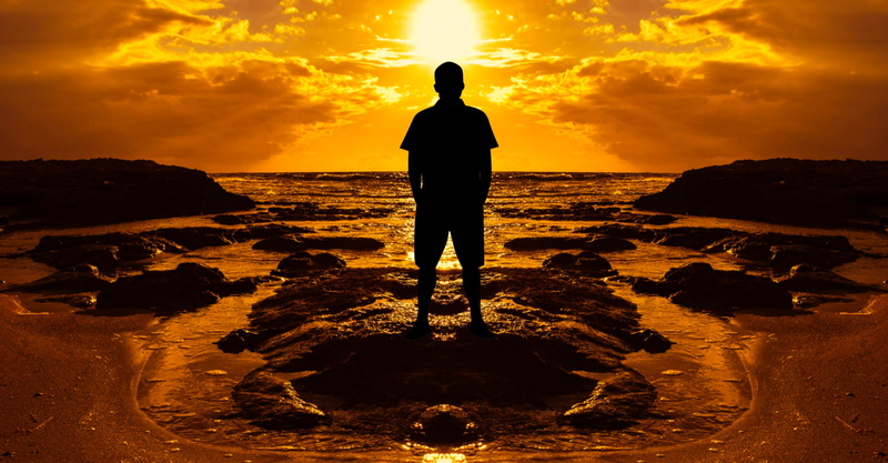 sky, full length, panorama, man, sunset, cloud - sky, looking at view, clouds, scenics - nature, rock, sea, one person, sunrise, land, majestic, beach