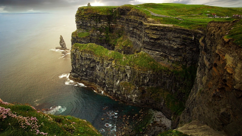 tranquility, outdoors, land, grass, rock, covered, formation, nature, solid, cliff, high angle view, plant, eroded, horizon, beach, coastline, rocks, no people