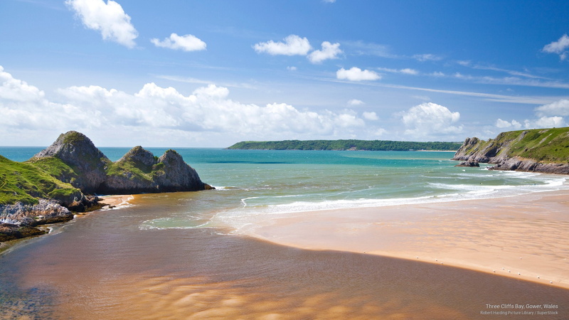 bay, Beaches, three, wales, cliffs, gower, 2K