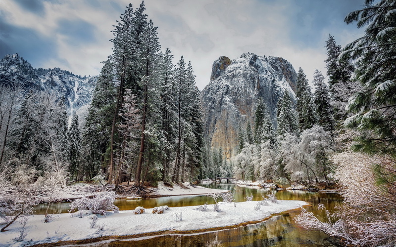 Park, 2K, Yosemite, National, Winter, USA, California, Mountains, Trees, Snow, River