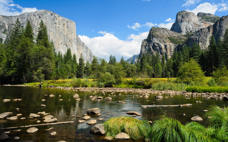 reflection, yosemite, rock - object, river, plant, lake, sky, california, tranquil scene, tranquility, cloud - sky, trees, 4K, park, no people, mountain range