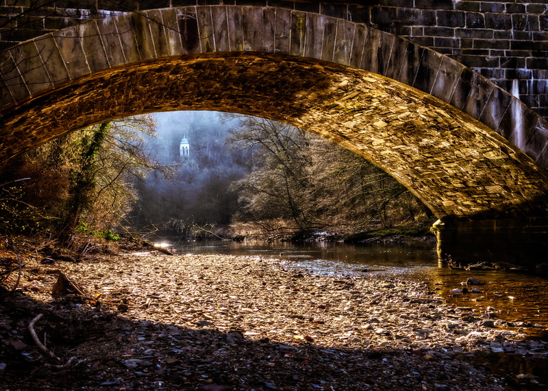 river, tranquility, stones, bridge, no people, sun, reflection, building, cloud - sky, architecture, back light, concrete, rays, wupper, waters, bank, water