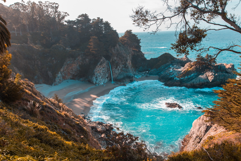 Big Sur, sea, water, trees, landscape, nature, Pfeiffer Big Sur State Park, rocks, 5K, blue