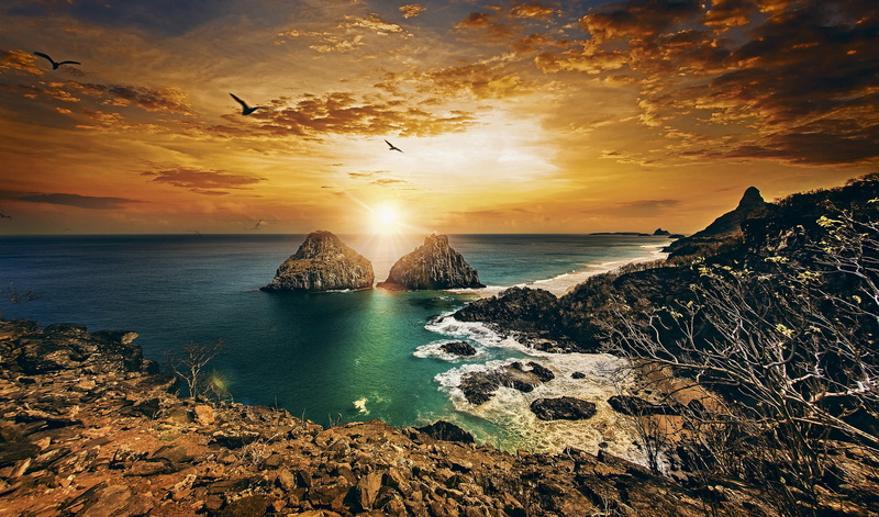 Twin Brothers, Fernando de Noronha, sunset, 1080P, the ocean, Brazil, coast, rocks, Atlantic Ocean, Pernambuco, The Atlantic ocean