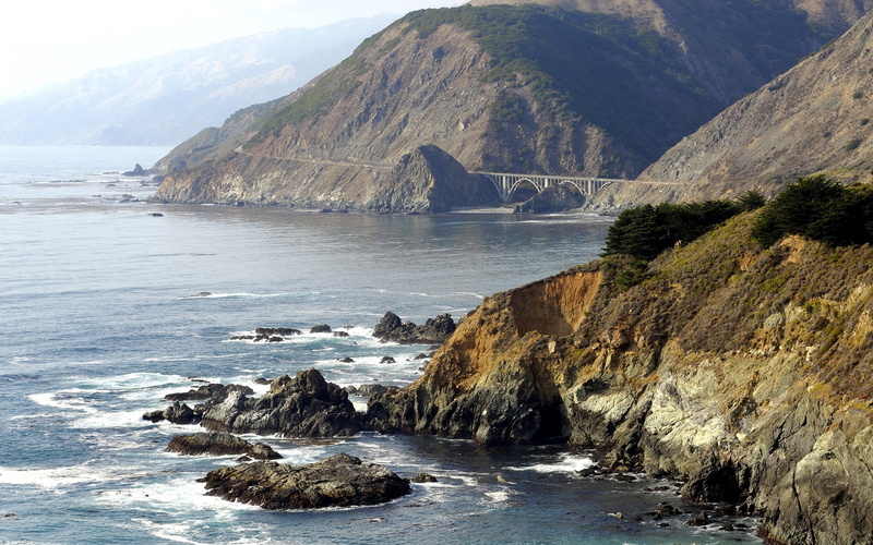 coastline, mountains, non-urban scene, pacific Ocean, stack rock, nature, rocky coastline, mountain range, scenics, california, stack, no People, bridge