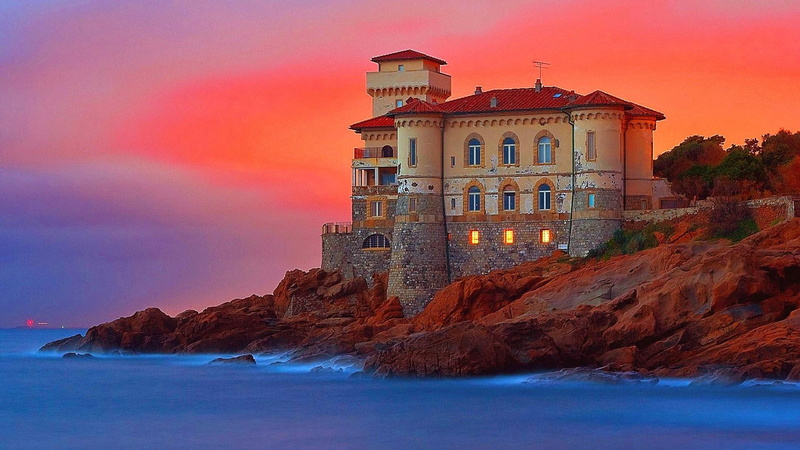 sunset, red suset, sky, castel boccale, 1080P, dusk, tower, castle, evening, landmark, headland, sea, castello del boccale, promontory, building, terrain