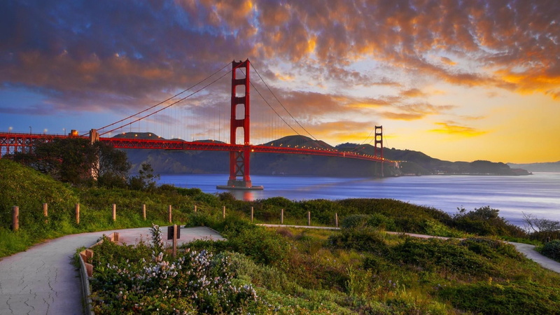sea, 1080P, bay, travel destinations, atardecer, cloud, golden gate, coast, sky, built structure, nature, bay of water, transportation, horizon, suspension bridge