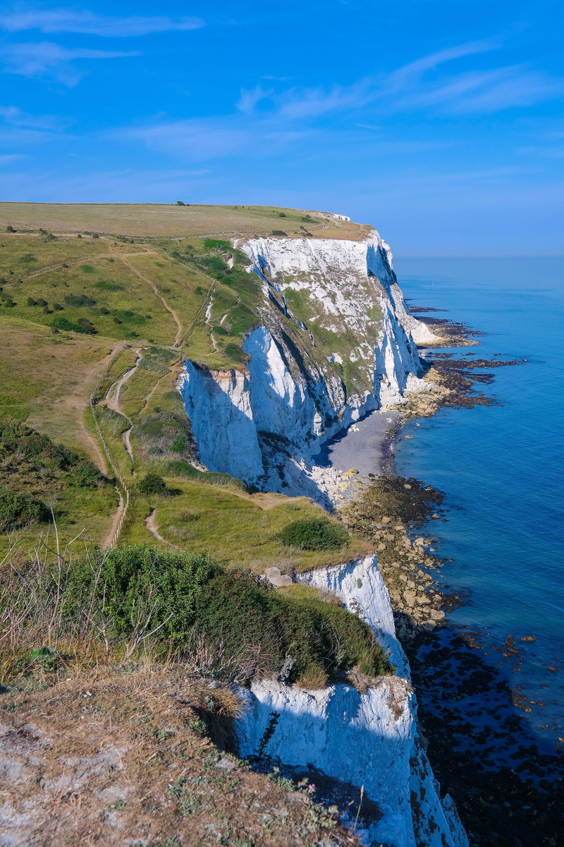 sky, sea, cliff, plant, outdoors, no people, rock, 5K, blue, day, white cliffs, water, nature, beauty in nature, grass, dover, land, tranquility, landscape
