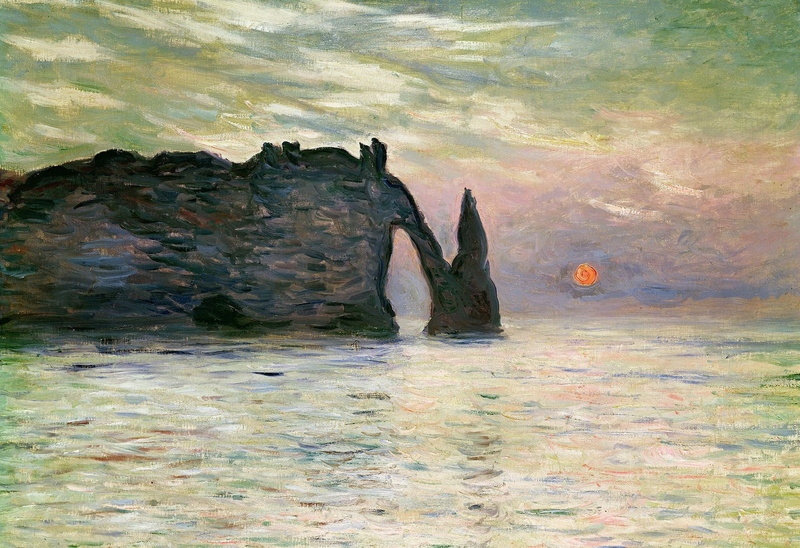 1080P, painting, sea, rock, formation, Manport. Rock in Etretat. Sunset, landscape, picture, Claude Monet
