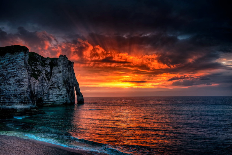 cloud - sky, brown, beauty in nature, tranquility, water, scenics - nature, France, land, beachshore, clouds, Normandy, the sun, nature, blue, Étretat