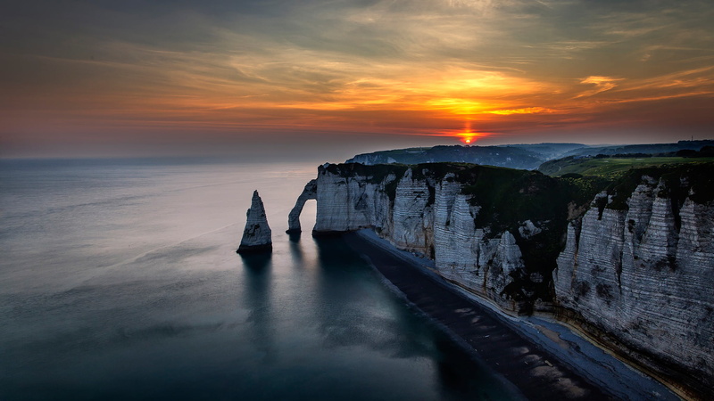 travel Destinations, Étretat, sky, Etretat, sunlight, sunrise - Dawn, tourism, land, coastline, sunset, 1080P, body, rock - Object, seascape, horizon over water