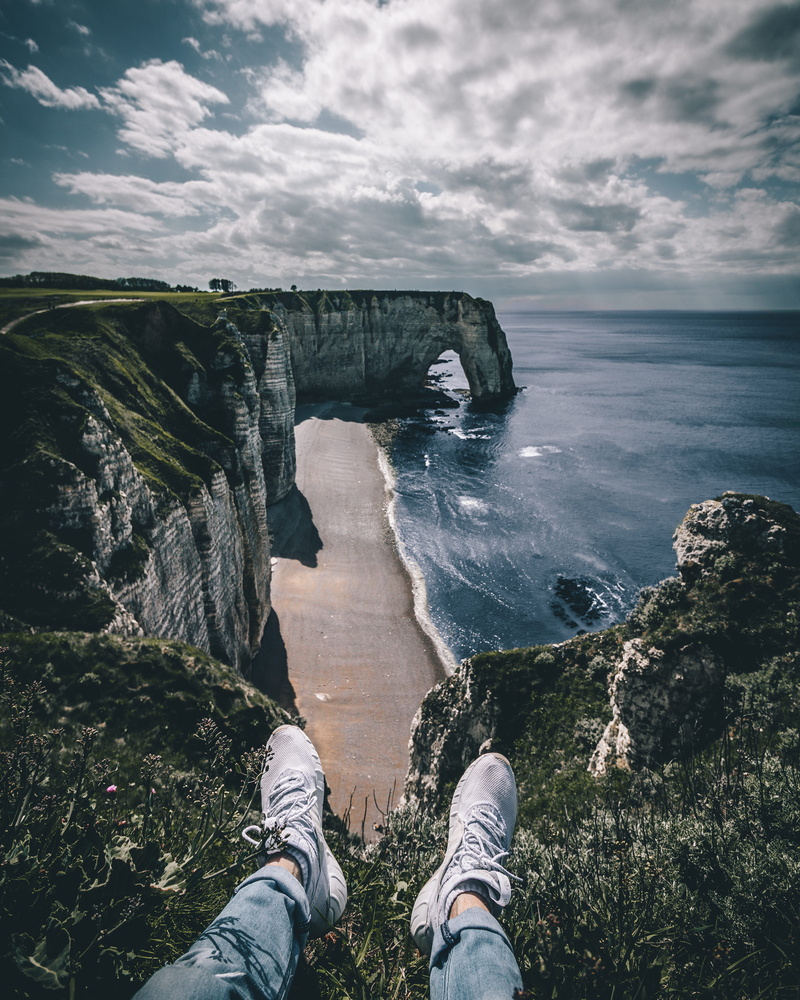 landscape, sea, day, near, water, canon, rocky cliff, cloud, outdoors, rock, body, 4K, france, etretat, hanging shoe, people, normandie, flowing water