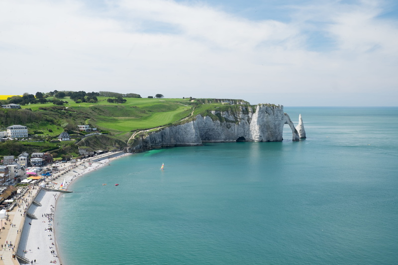 turquoise colored, sky, panoramic, high angle view, scenics - nature, shoreline, body, beside, horizon over water, architecture, day, etretat, promontory