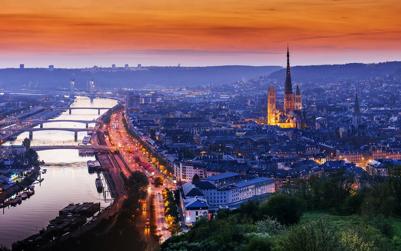 1080P, Normandy, the evening, France, Rouen, the city, lights