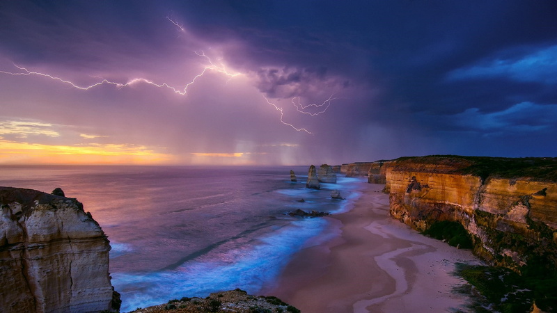 coast, ocean, australia, twelve apostles, power in nature, purple, nature photography, sea, sky, scenics - nature, sea stack, power, bad weather, thunderstorm