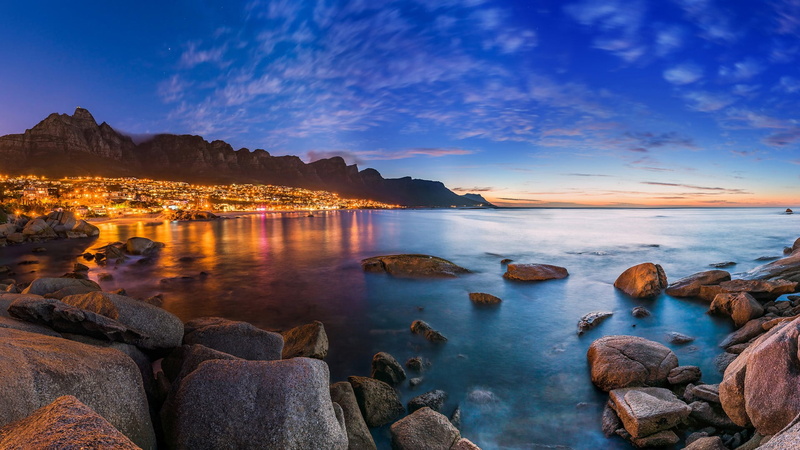 water, night, horizon, long exposure, town, Cape Town, Twelve Apostles, nature, South Africa, landscape, 1080P, mountains, clouds, sky, rocks
