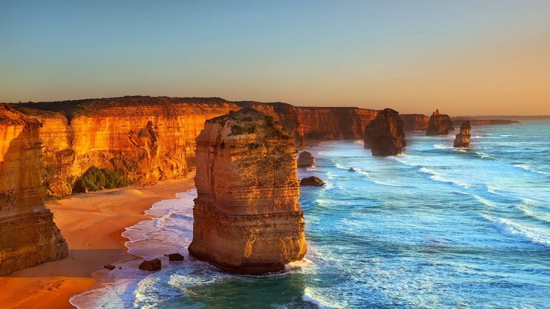 solid, nature, rock formation, rock - object, sky, landscape, 720P, Twelve Apostles, idyllic, tranquil scene, Australia, eroded, sea, Coast, travel destinations