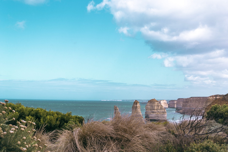 limestone stacks, cloud - sky, victoria, australia, outdoors, horizon over water, tranquil scene, nature, built structure, park, great ocean road, architecture