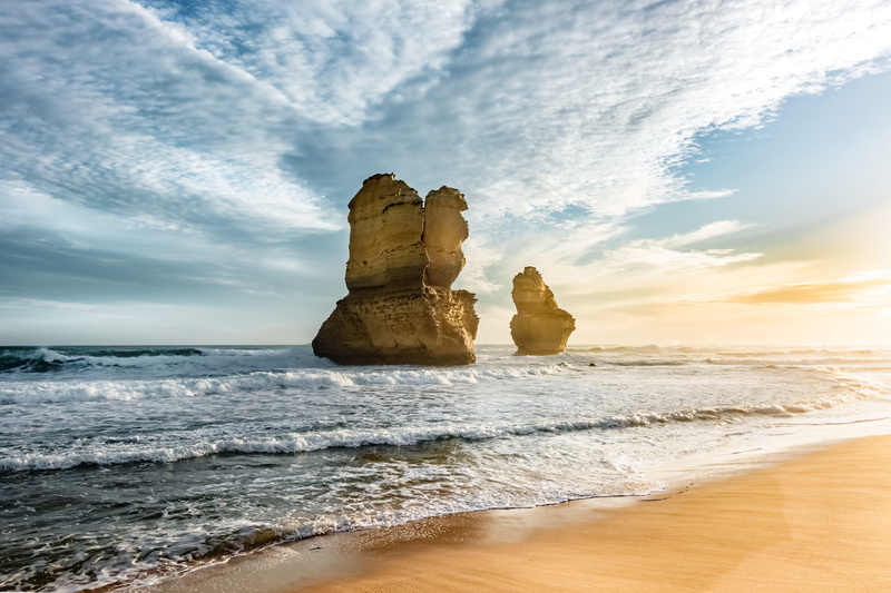 rock - object, ocean, nature, beauty in nature, wave, great ocean road, beach, no people, gibson steps, seascape, stack rock, water, sunset