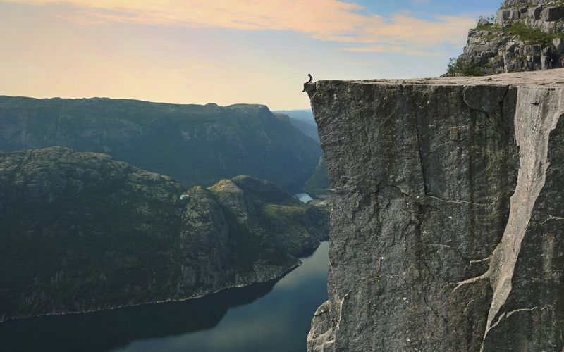 mountains, water, Norway, landscape, sitting, summer, fjord, cliff, nature, Preikestolen, 1080P