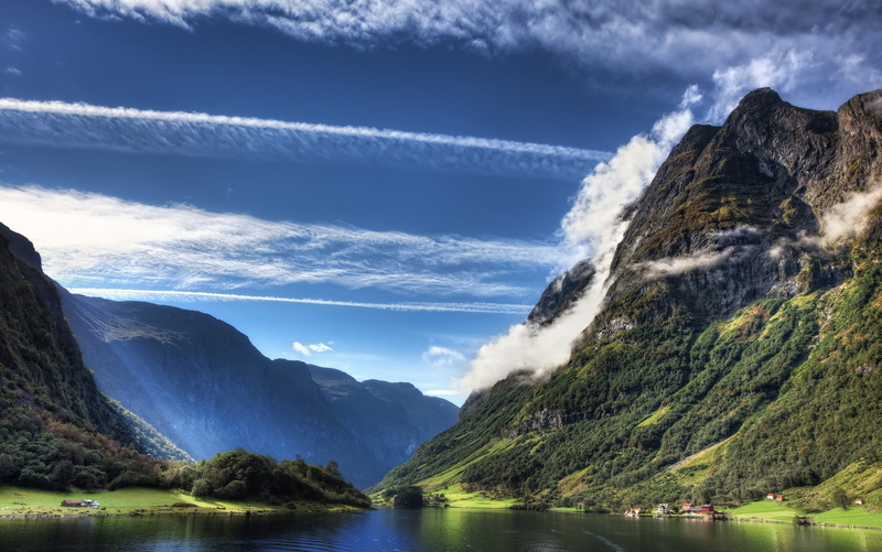 Norway, mountain range, waterfront, no people, mountains, leafed, remote, cliff, idyllic, cloud - sky, tranquility, lake, nautical vessel, villages, outdoors