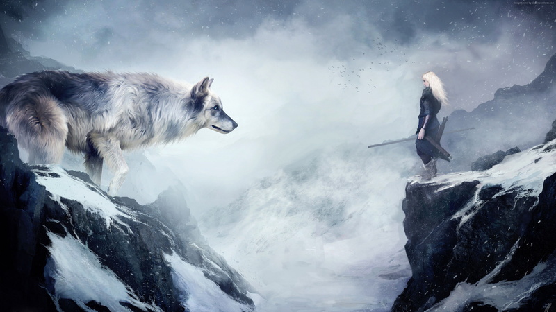 animals, mountain, winter, fantasy, 4k, wolf, girl, 2K, drawing, snow, art