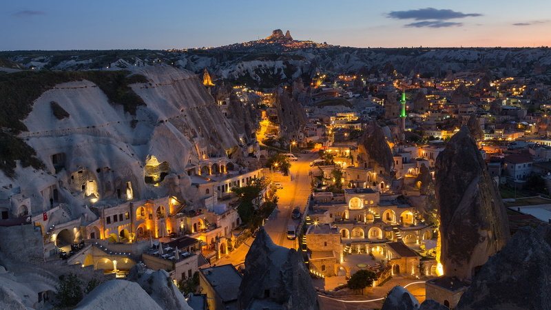 Turkey, car, Cappadocia, house, sky, clouds, lights, landscape, rocks, town, 1080P, plants