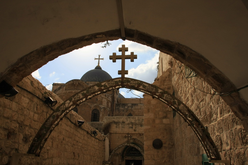belief, ancient civilization, day, low angle view, abbey, place of worship, stone wall, religion, 4K, architecture, building, cross, hill, outdoors, israel