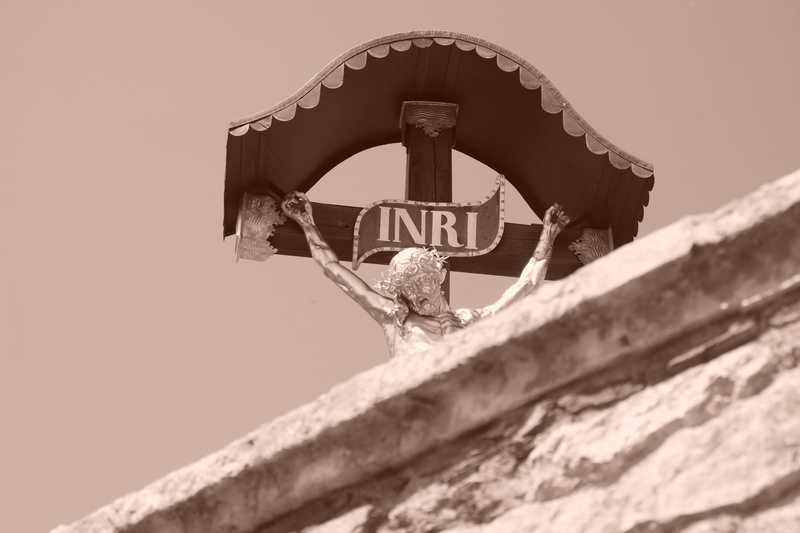low angle view, suffering, built structure, day, sepia, sunlight, wood - material, abandoned, nature, roof, sky, jesus, damaged, clear sky, calvary, death