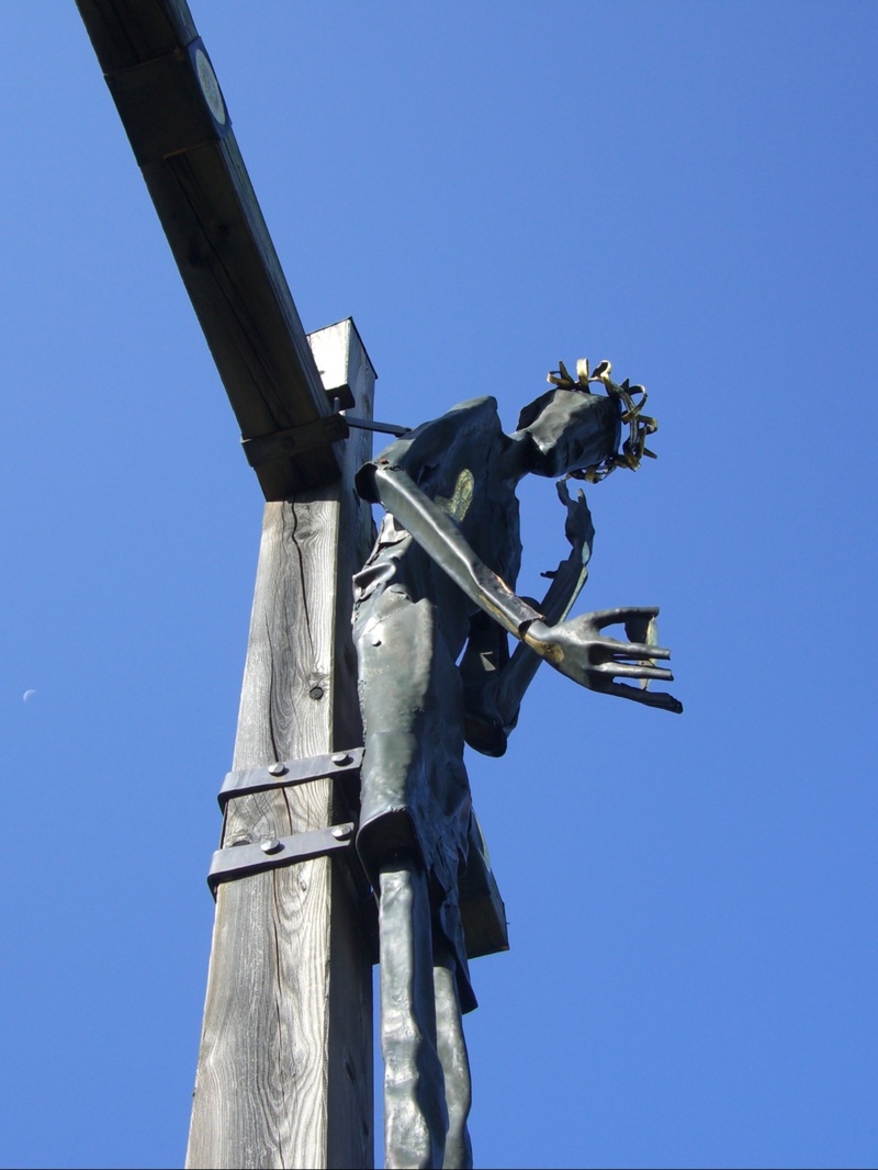 human representation, statue, figure, calvary, outdoors, füssen, modern, iron, architecture, clear sky, sky, art and craft, blue, allgäu, belief, fromm